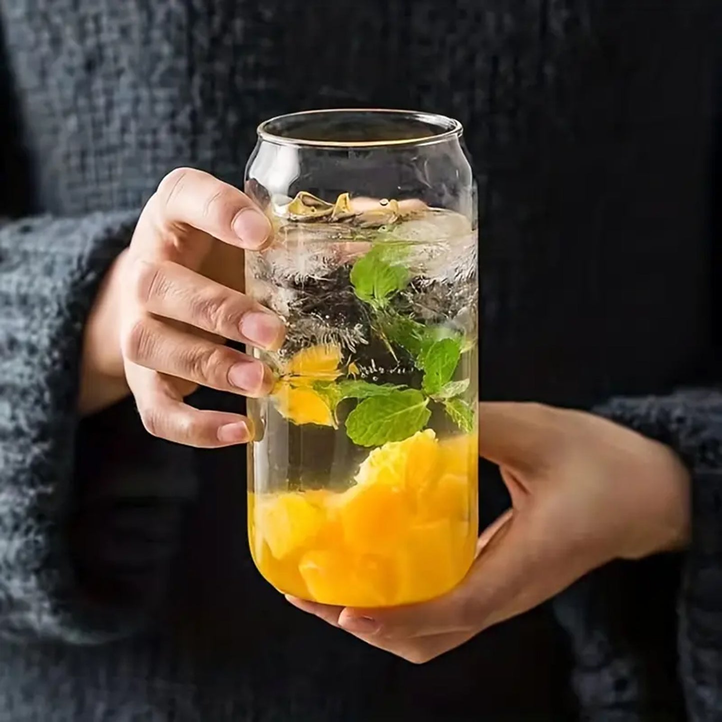 Clear Glass Can with Bamboo Lid and Straw.