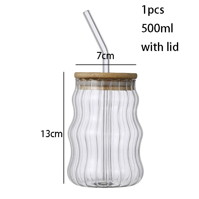Striped Glass Can with Bamboo Lid and Glass Straw | Silicone Sleeve