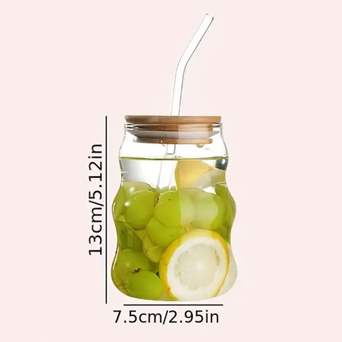 Plain Wavy Glass can with Bamboo Lid and Straw | Silicone Sleeve