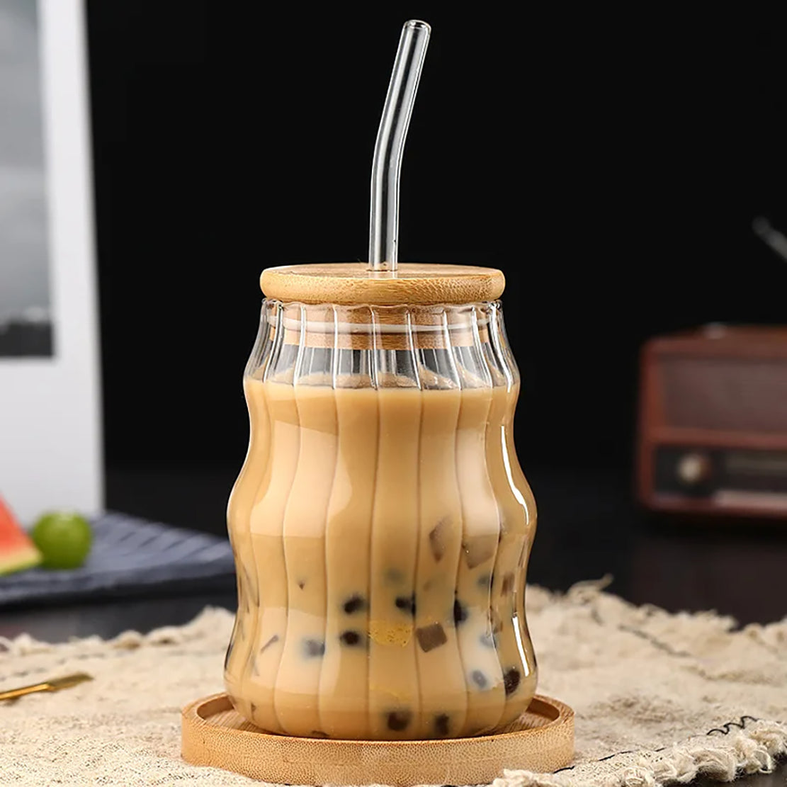 Striped Glass Can with Bamboo Lid and Glass Straw | Silicone Sleeve