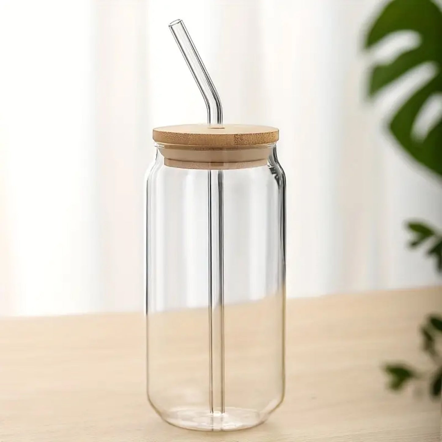 Clear Glass Can with Bamboo Lid and Straw.