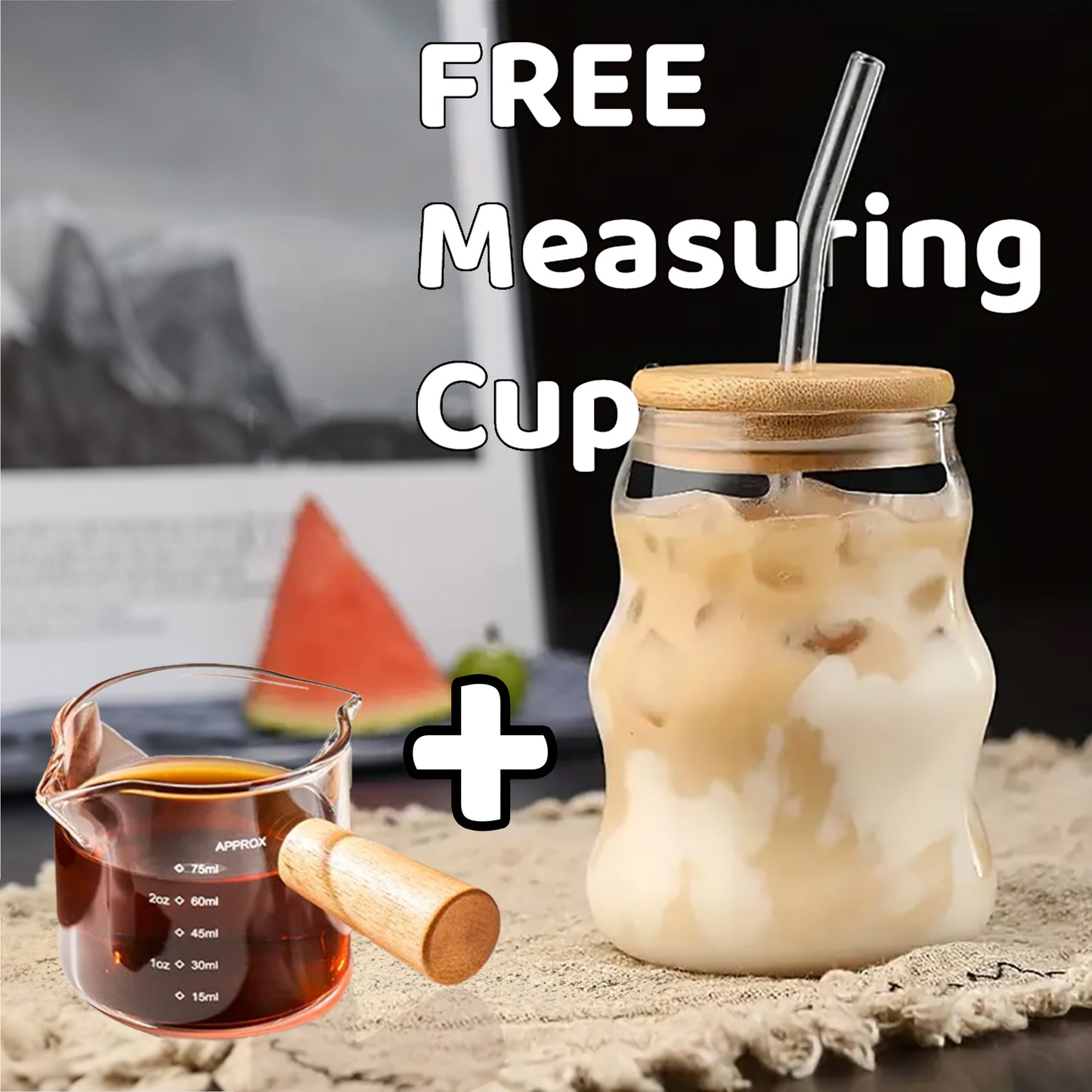Glass Can with lid and Straw + Free measuring Cup
